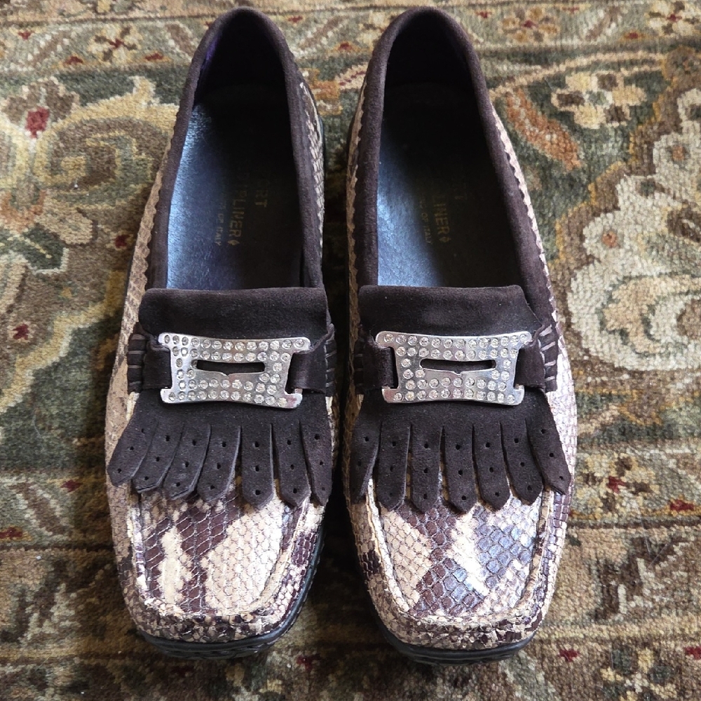 Donald J. Pliner Snakeskin and Brown Loafers